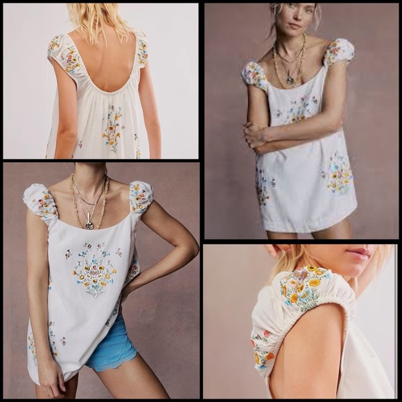 Free People Dresses & Skirts - Free People Wildflower Embroidered Linen Blend Boho Coquette Retro Mini Dress M